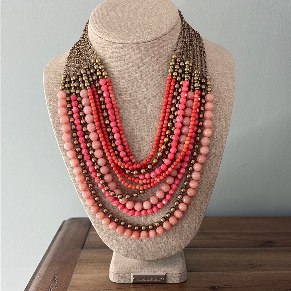 Multi-Strand Coral and Gold Beaded Necklace